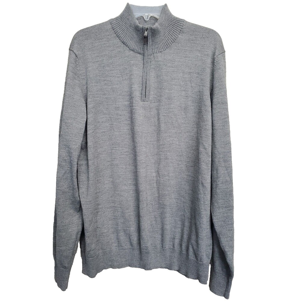 Thomas Dean Gray Extra Fine Merino Wool Blend Mock Neck Quarter Zip Sweater XL